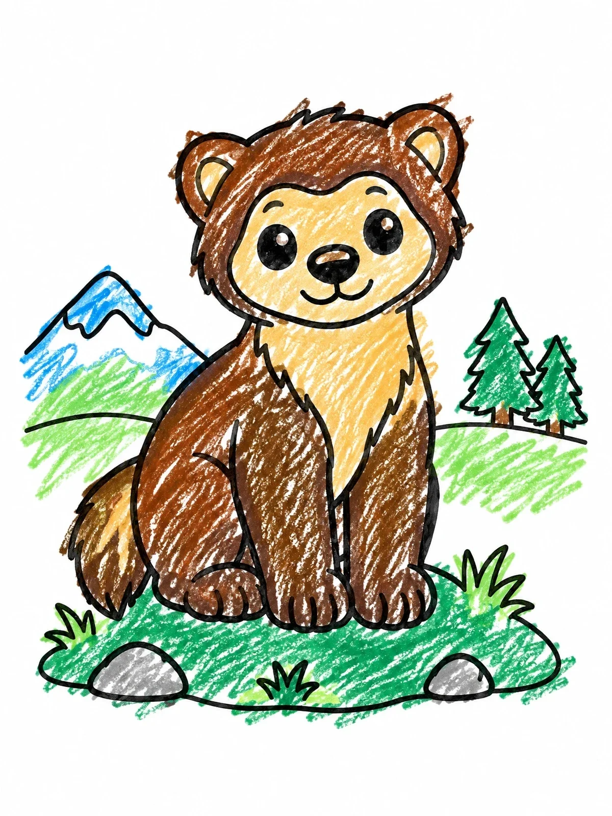 Colored example of the Cute Baby Wolverine In The Mountains coloring page
