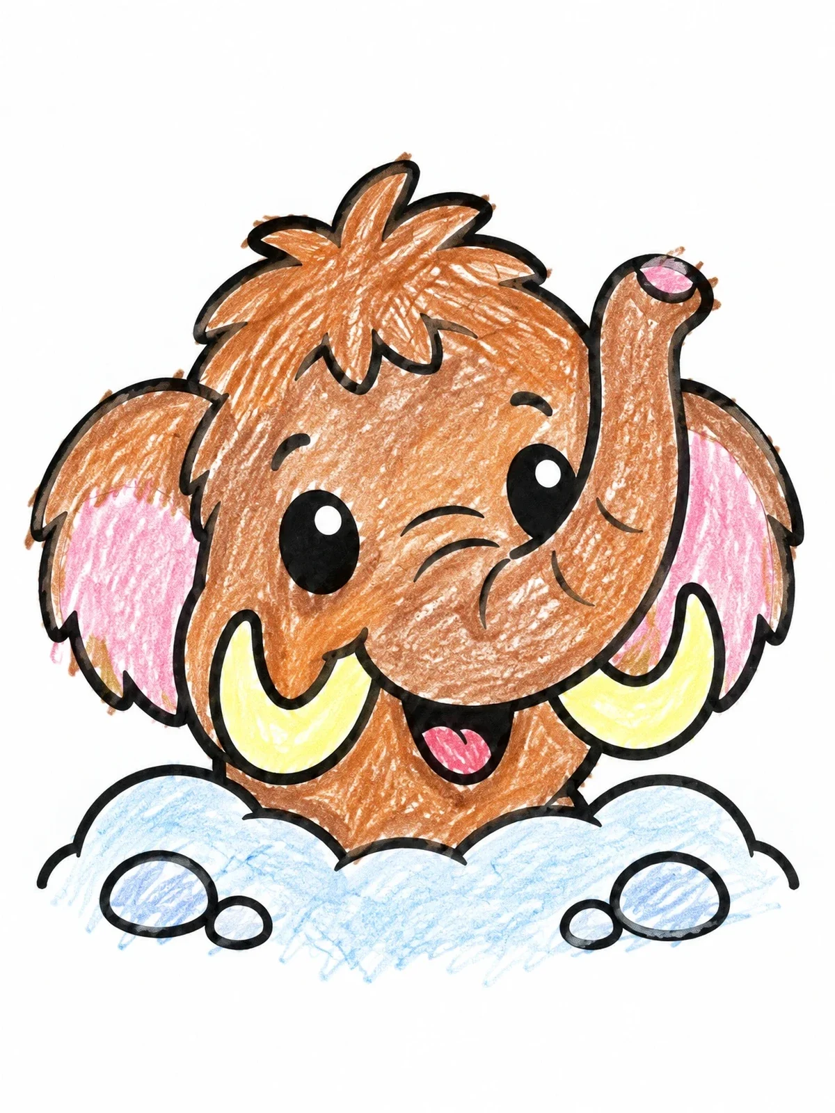 Colored example of the Cute Baby Woolly Mammoth Peeking Out coloring page