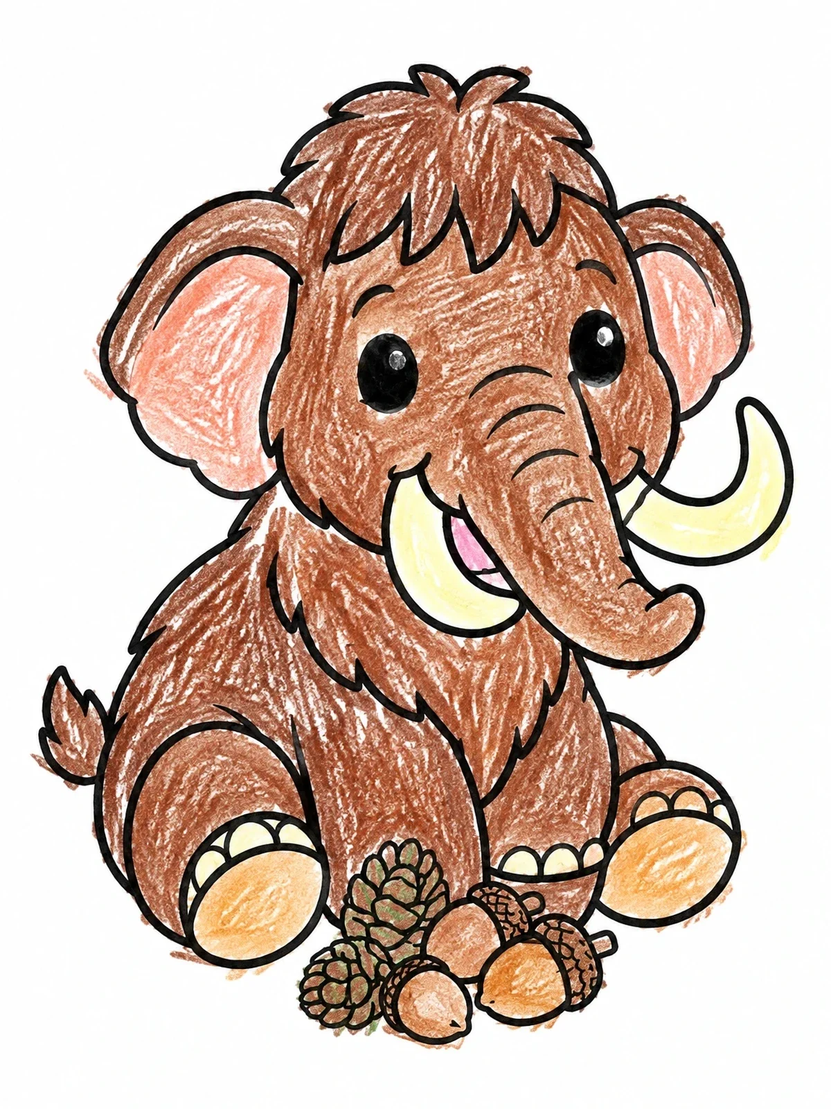 Colored example of the Cute Baby Woolly Mammoth With Pinecones coloring page