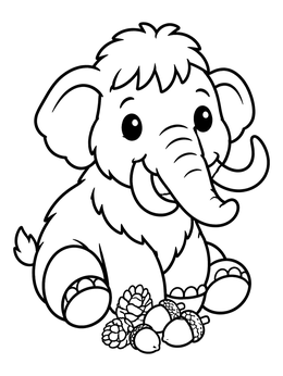 Free printable Cute Baby Woolly Mammoth With Pinecones coloring page