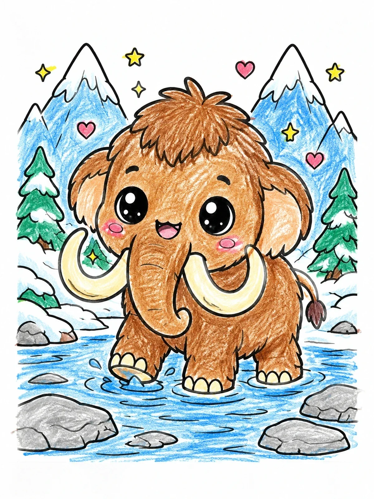 Colored example of the Cute Baby Woolly Mammoth In Water coloring page