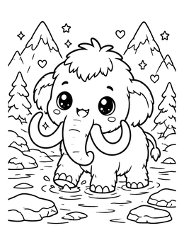 Free printable Cute Baby Woolly Mammoth In Water coloring page