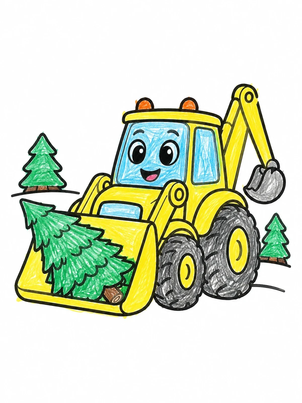 Colored example of the Cute Backhoe Carrying Christmas Tree coloring page