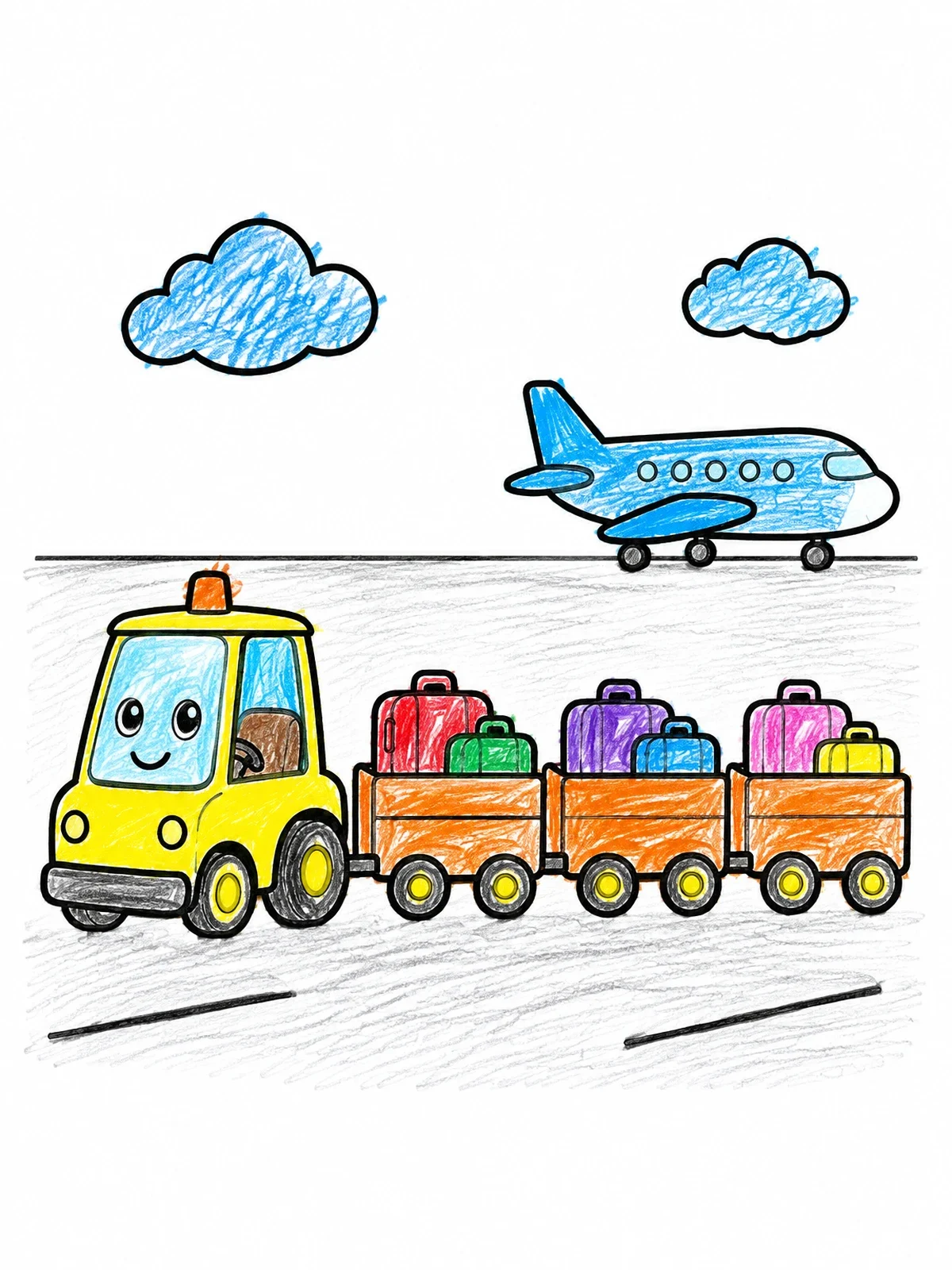 Colored example of the Cute Baggage Tractor With Carts coloring page