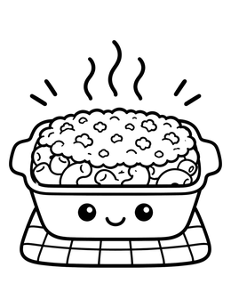 A smiling casserole dish full of mac and cheese coloring page fresh from the oven.