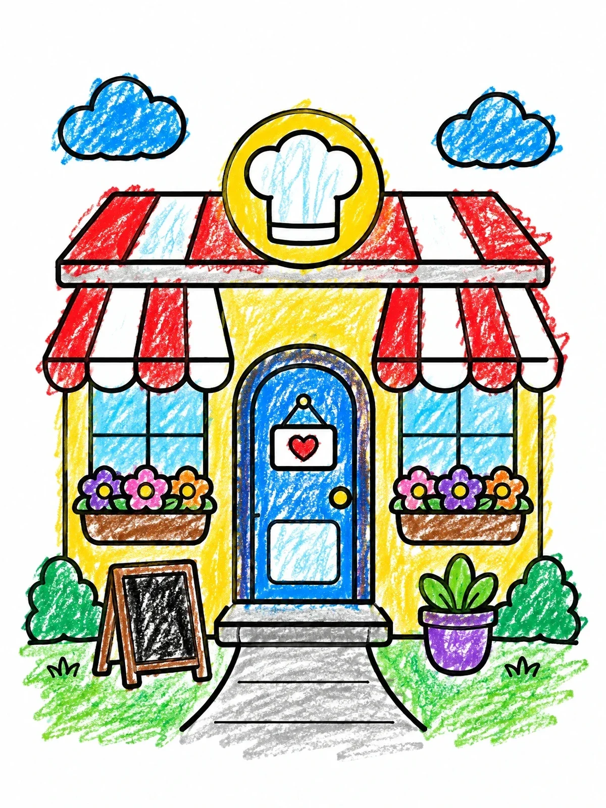 Colored example of the Cute Bakery And Restaurant Storefront coloring page