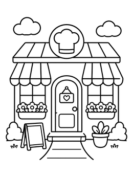 Free printable Cute Bakery And Restaurant Storefront coloring page