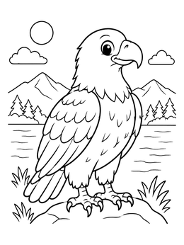 Free printable Cute Bald Eagle By The Mountain Lake coloring page