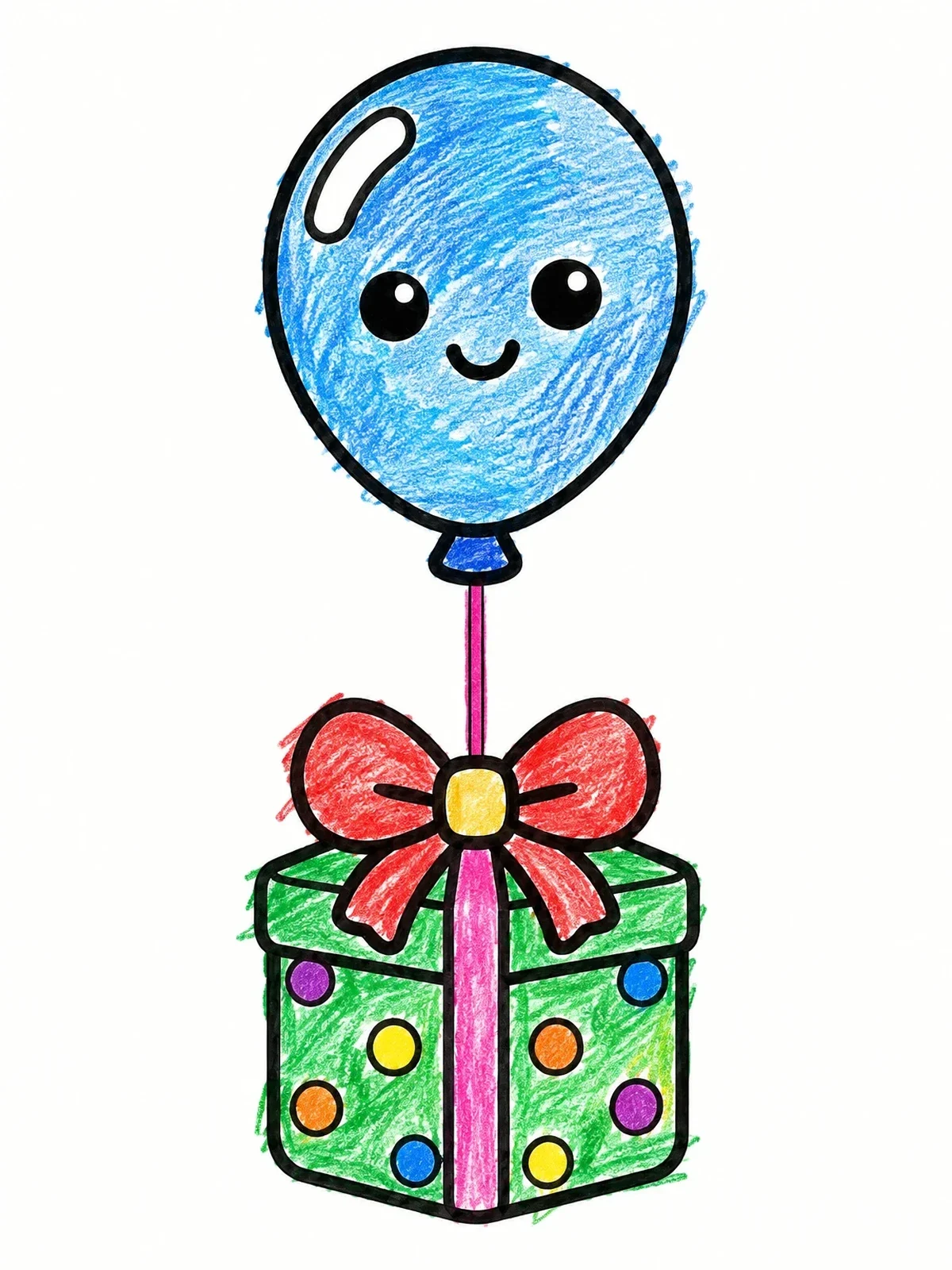 Colored example of the Cute Balloon Tied To Birthday Present coloring page