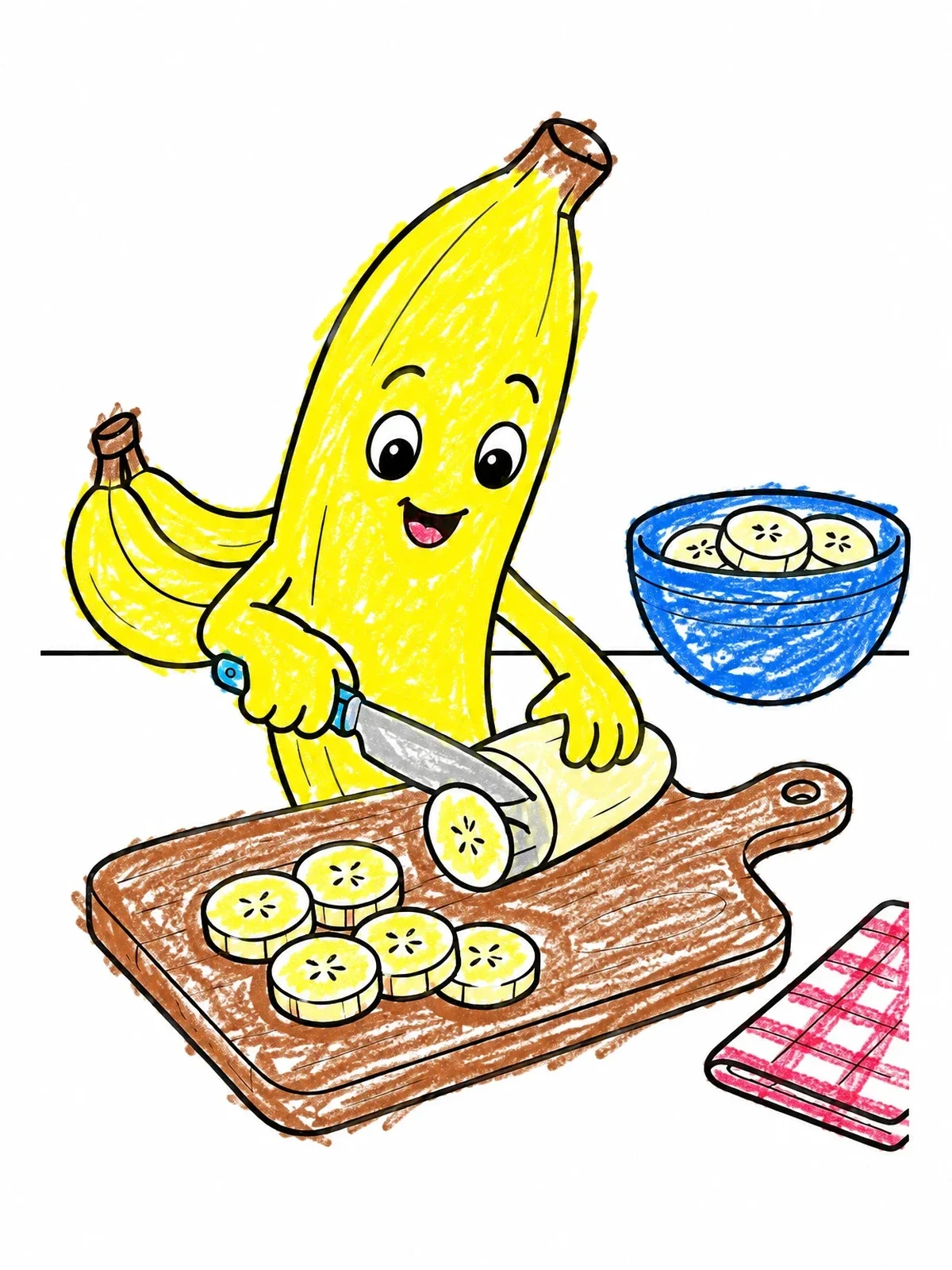 Colored example of the Cute Banana Slicing Banana Rounds coloring page