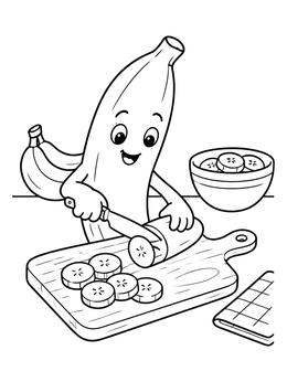 Free printable Cute Banana Slicing Banana Rounds coloring page