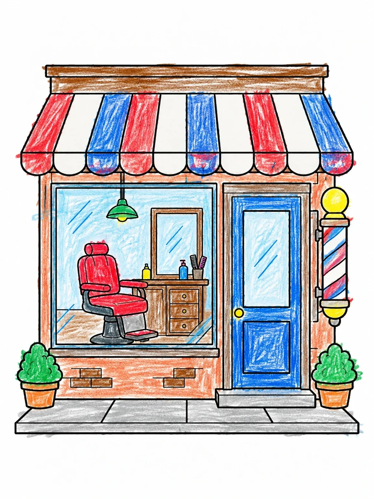 Colored example of the Cute Barbershop Storefront coloring page