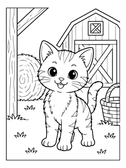 A cheerful kitten coloring page featuring a playful farm cat near a barn and hay bale.