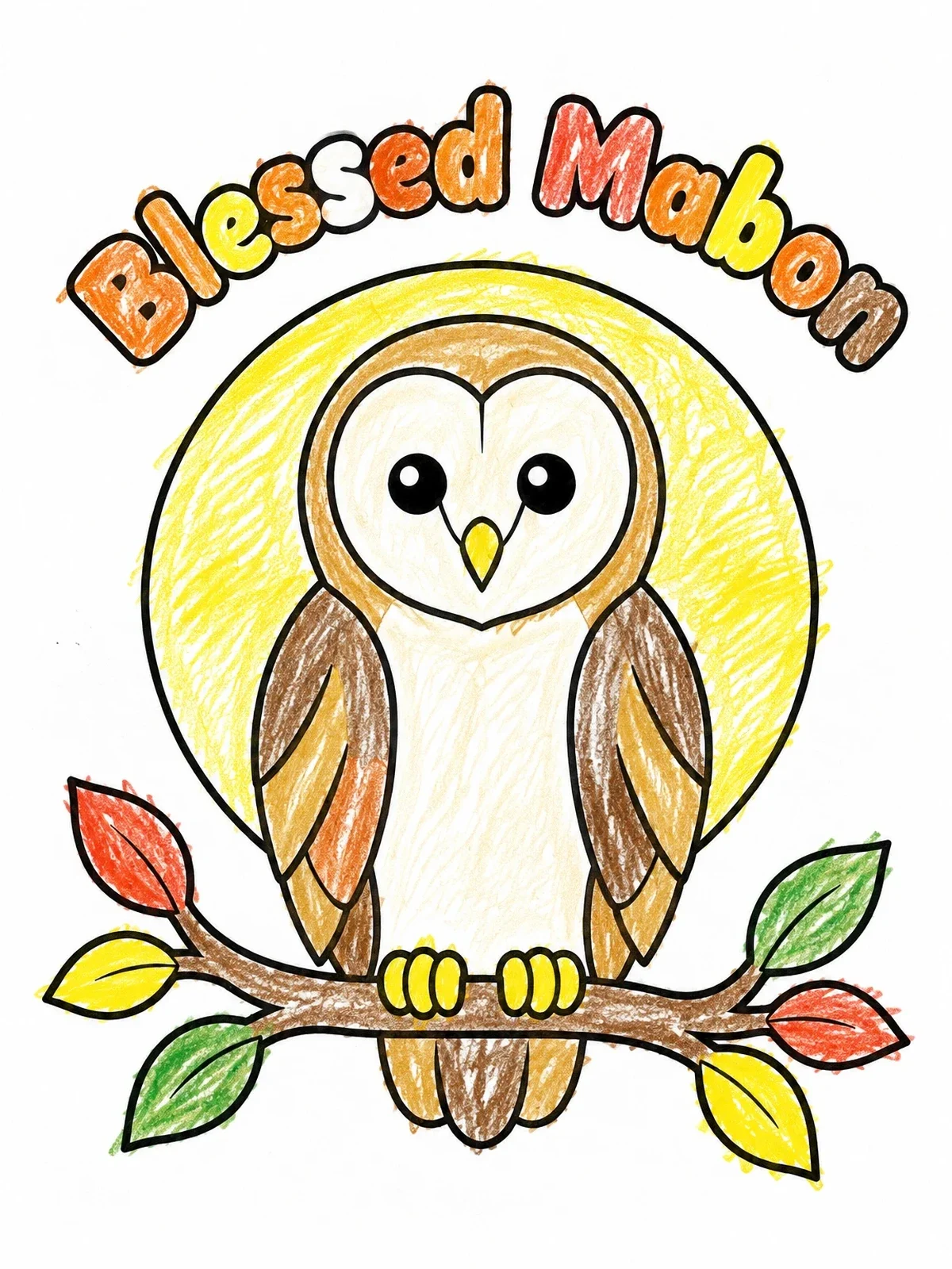 Colored example of the Barn Owl Blessed Mabon Greeting coloring page