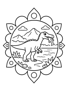 Free printable Cute Baryonyx With Fish By River coloring page