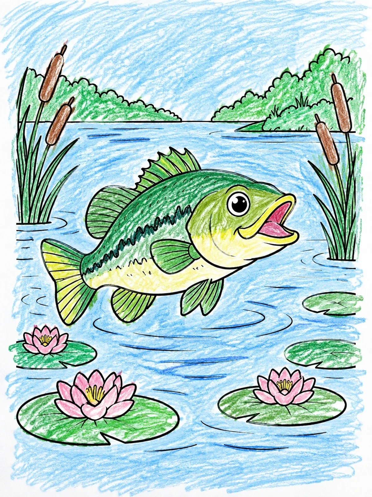 Colored example of the Happy Bass In A Pond coloring page