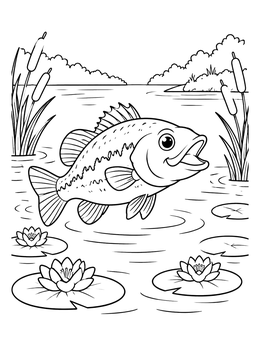 Free printable Happy Bass In A Pond coloring page