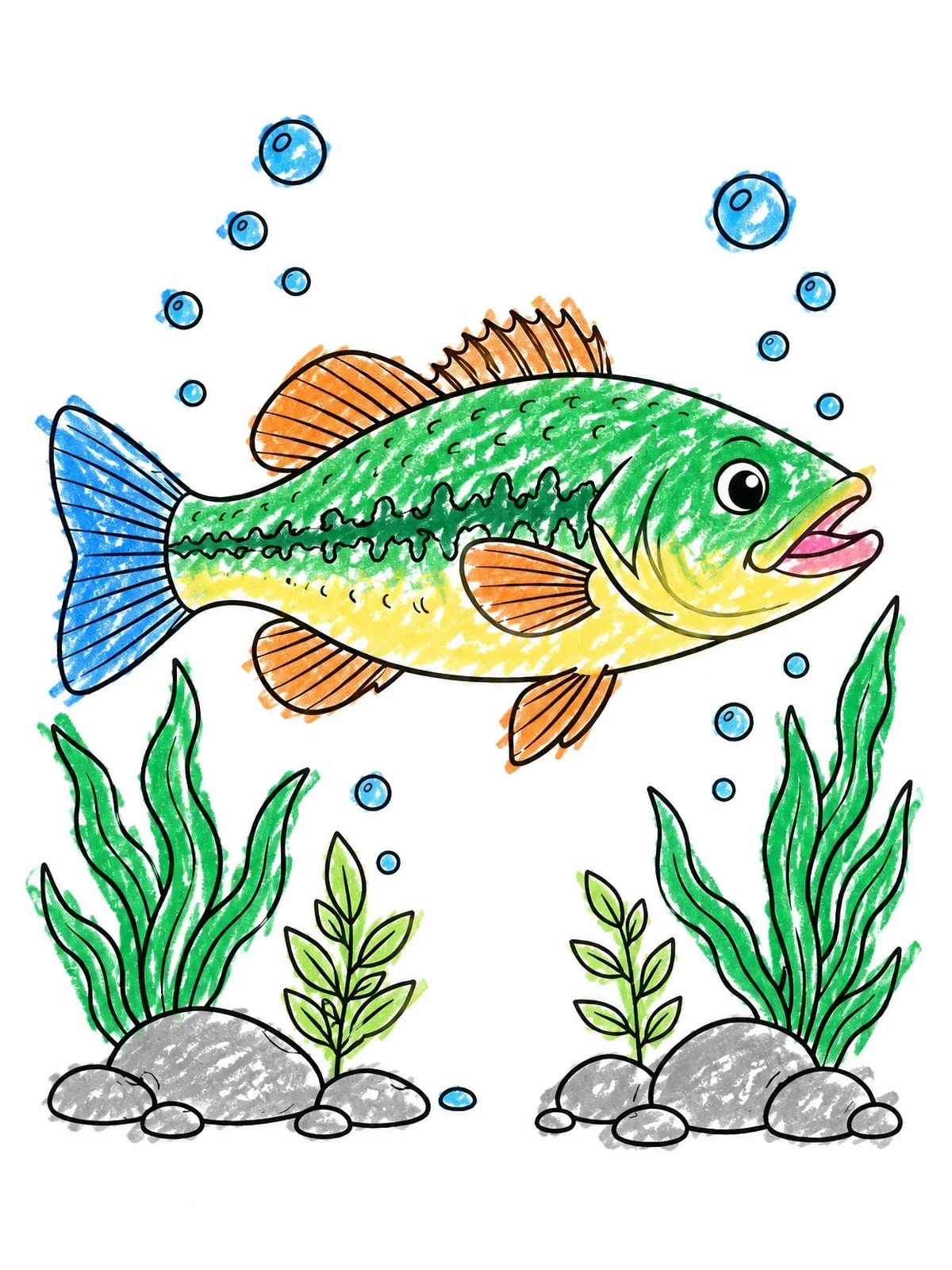 Colored example of the Cute Bass Swimming Underwater coloring page