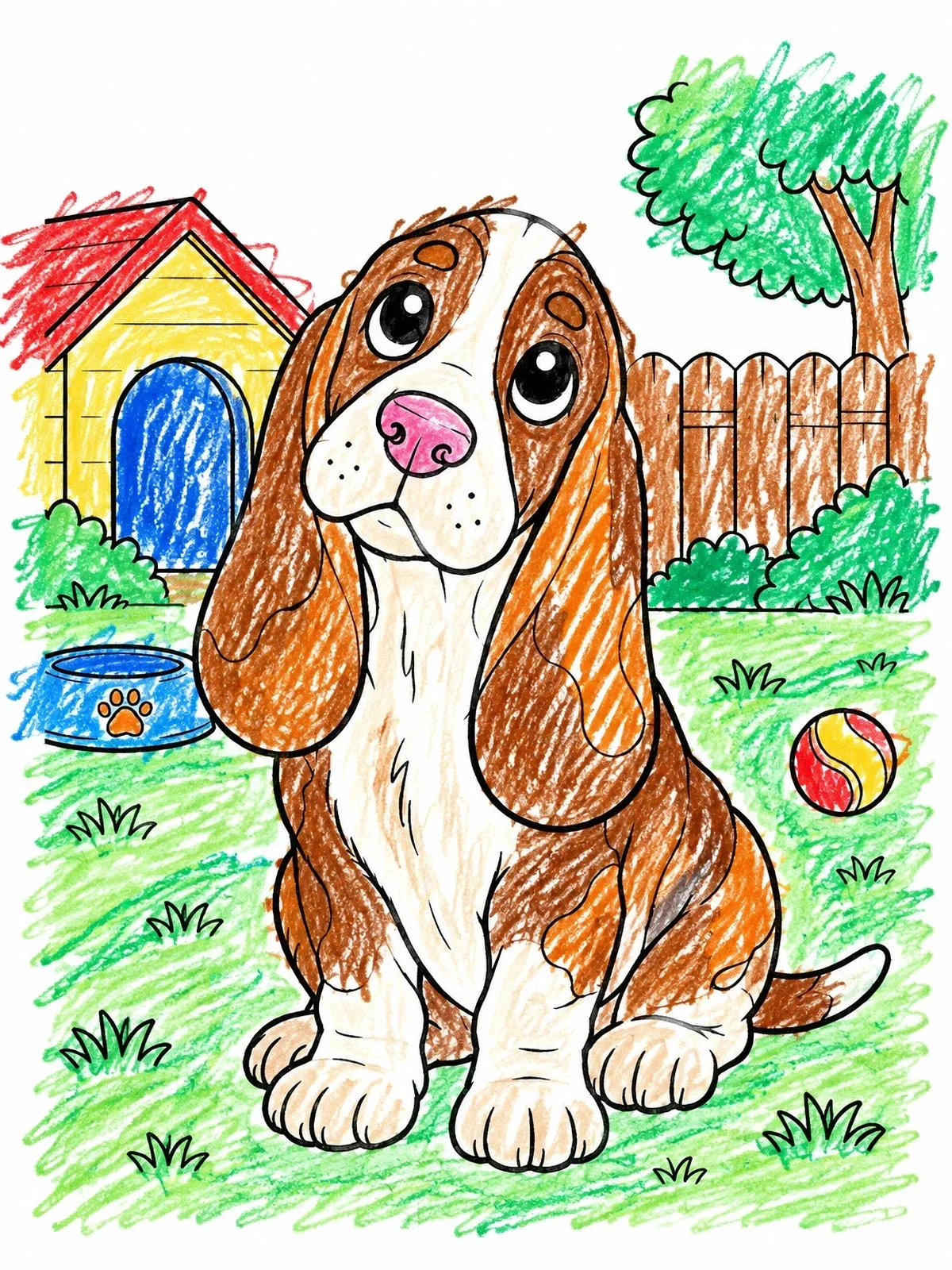Colored example of the Cute Basset Hound Puppy In Backyard coloring page