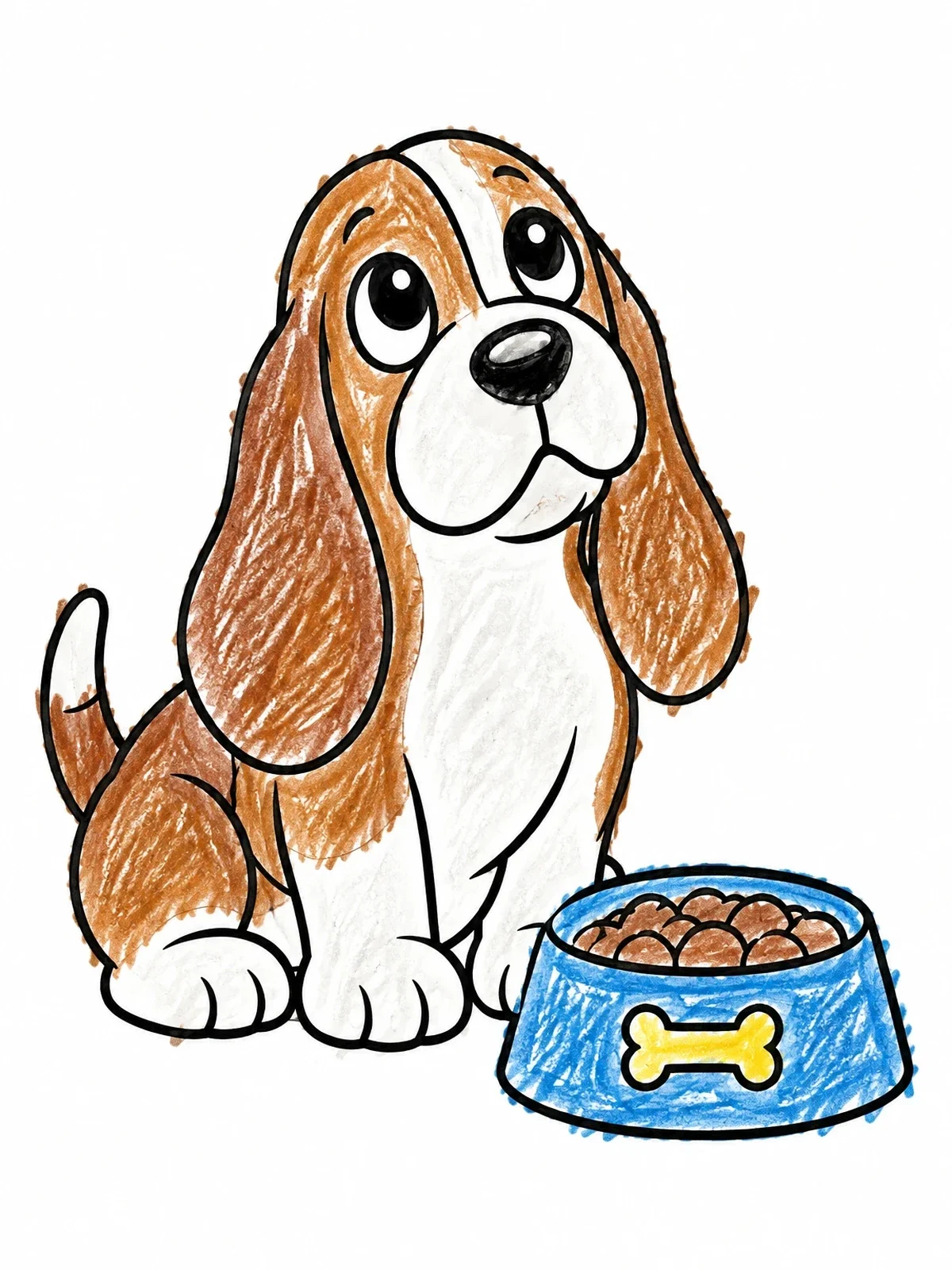 Colored example of the Cute Basset Hound Puppy And Food Bowl coloring page