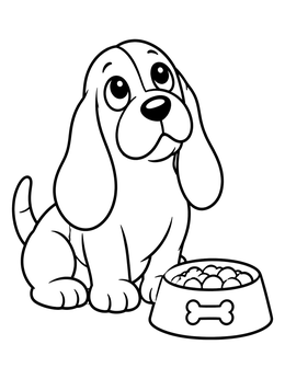 Free printable Cute Basset Hound Puppy And Food Bowl coloring page