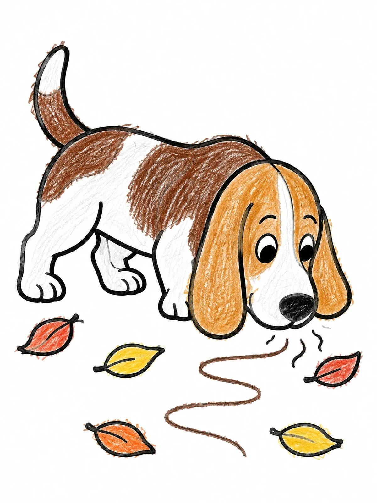 Colored example of the Cute Basset Hound Sniffing Trail coloring page