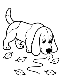 Free printable Cute Basset Hound Sniffing Trail coloring page