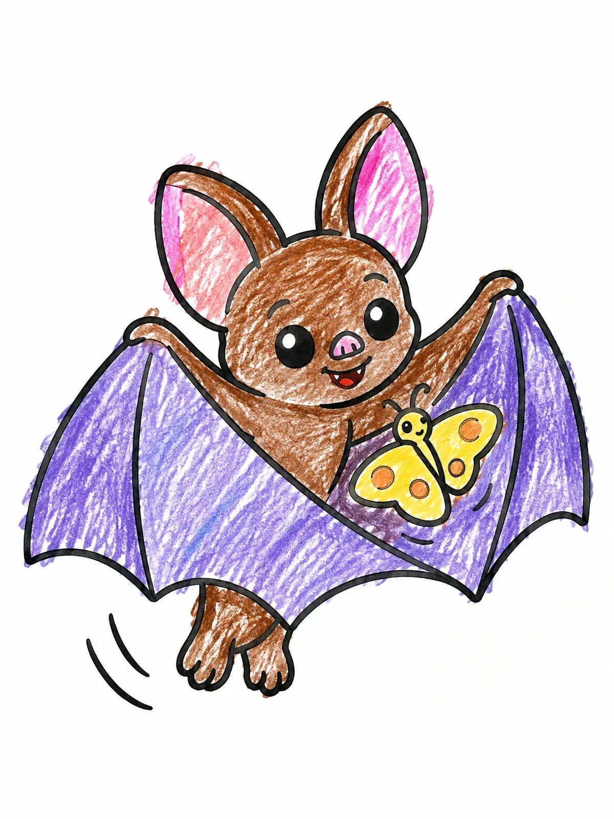 Colored example of the Cute Bat And Flying Moth coloring page