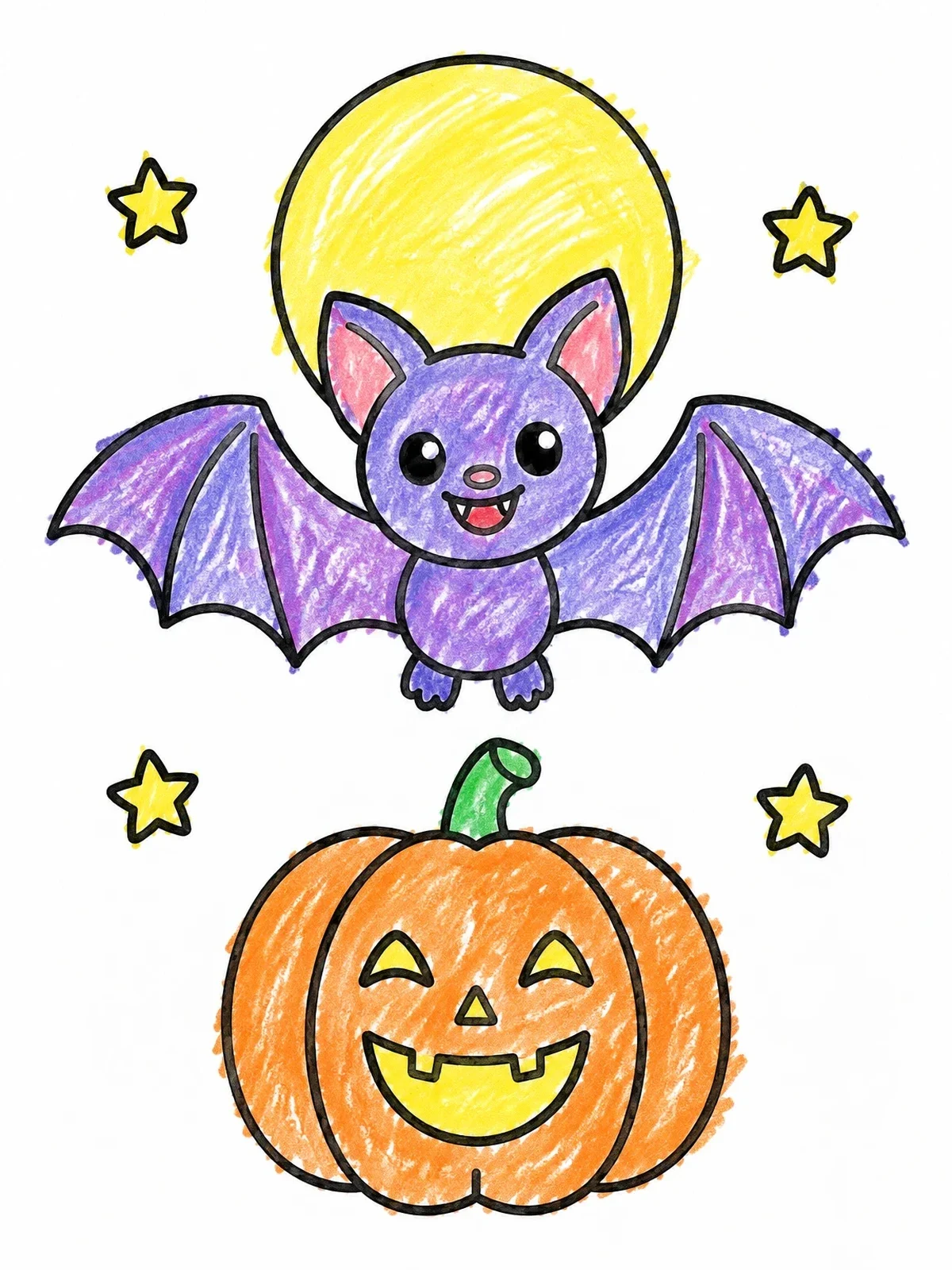Colored example of the Cute Bat And Halloween Pumpkin coloring page