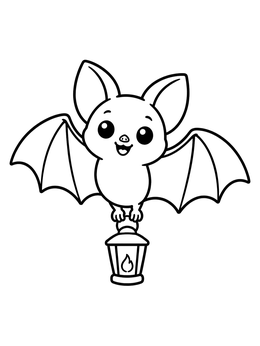 A cheerful baby bat carrying a glowing lantern in this bat coloring page.