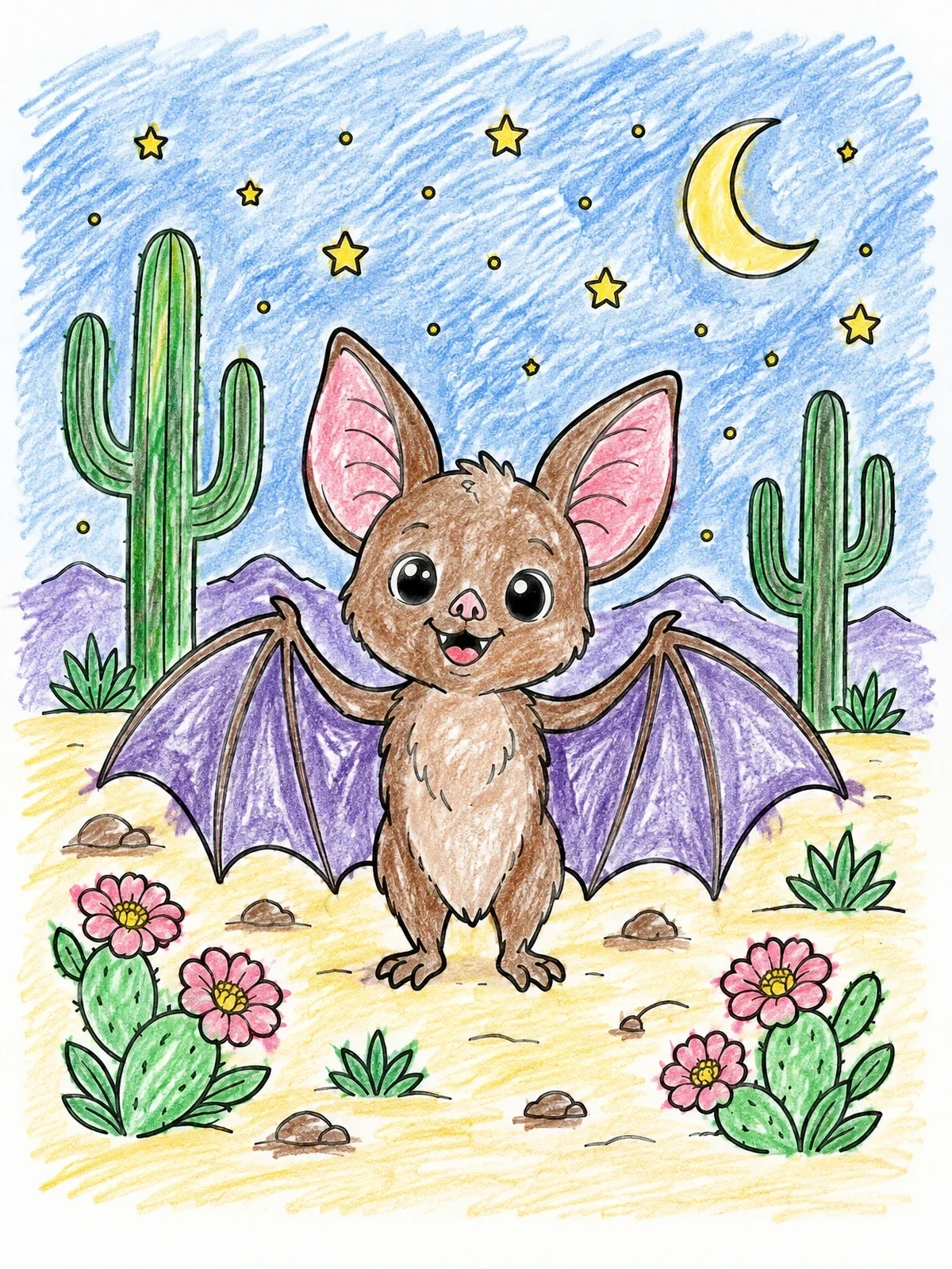 Colored example of the Cute Bat In Desert Night coloring page
