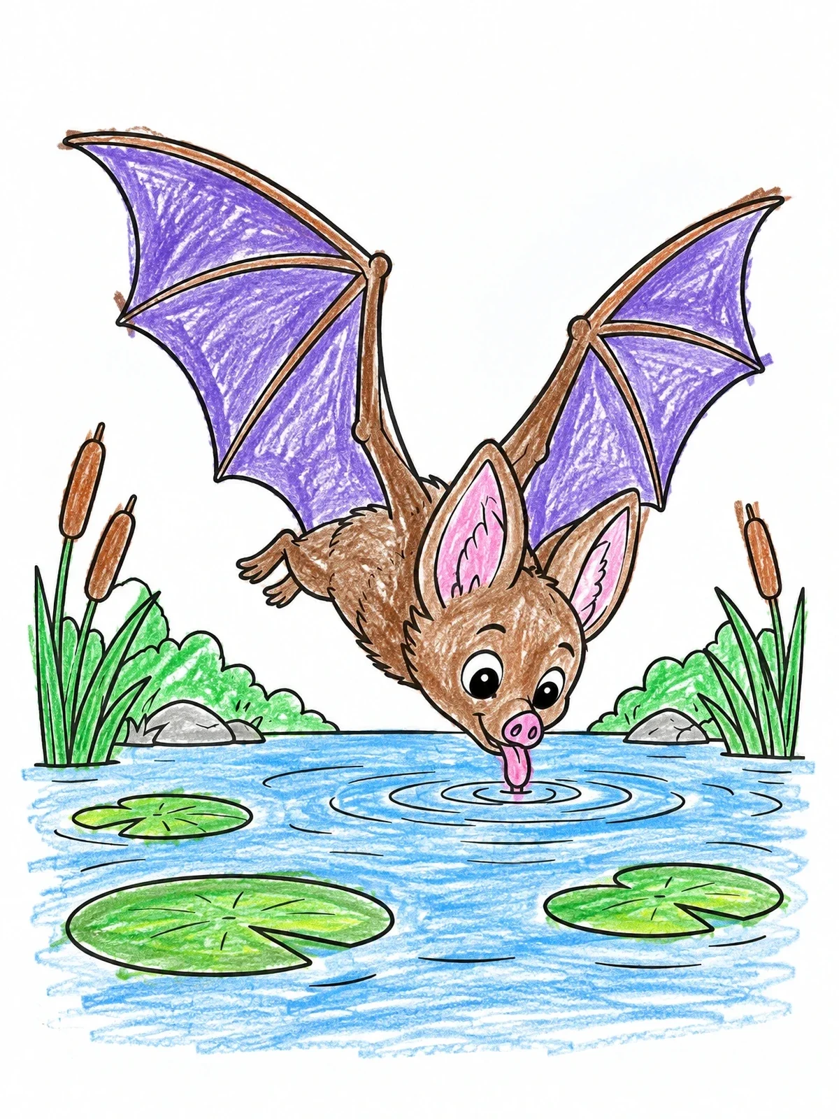 Colored example of the Cute Bat Drinking From Pond coloring page