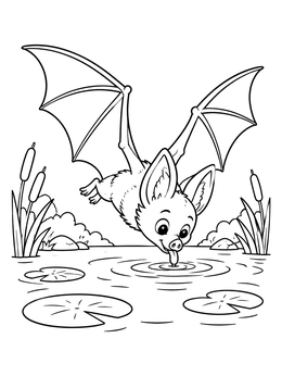 A cute bat coloring page showing a flying bat sipping water from a pond.