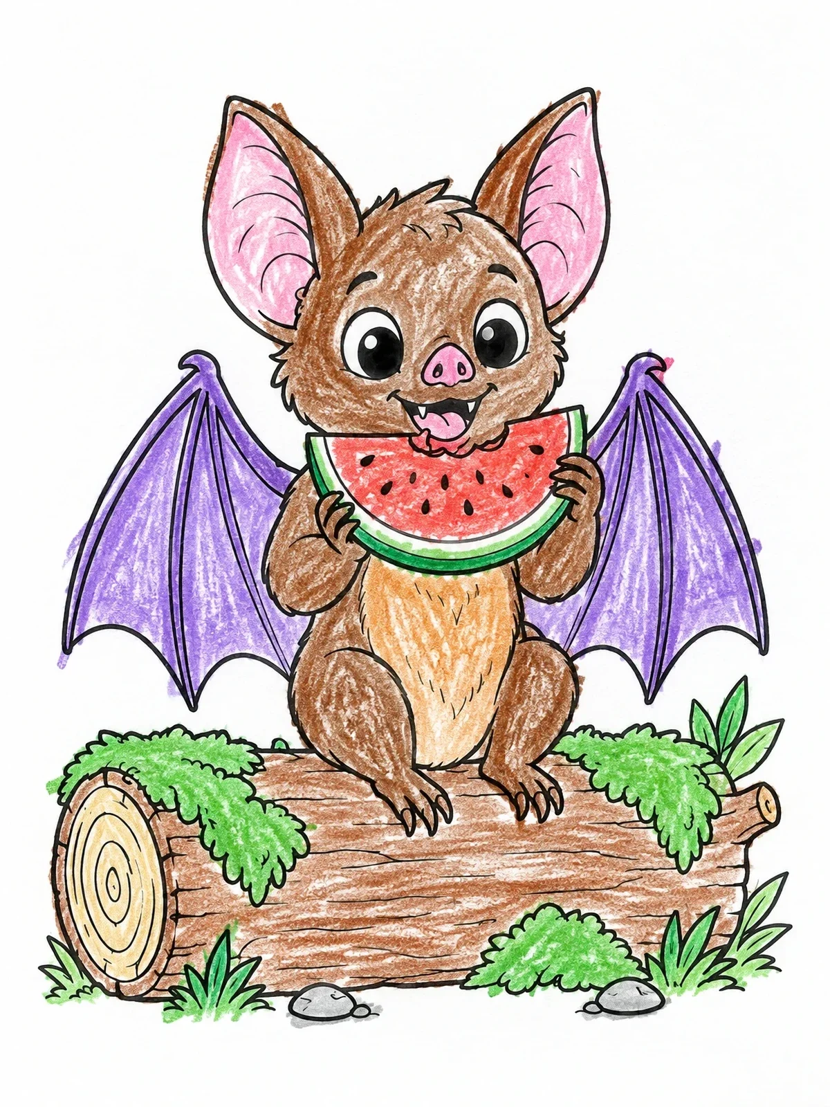 Colored example of the Cute Bat Eating Fresh Watermelon coloring page