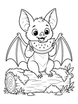 A cheerful bat coloring page featuring a cute fruit bat eating a watermelon slice on a log.