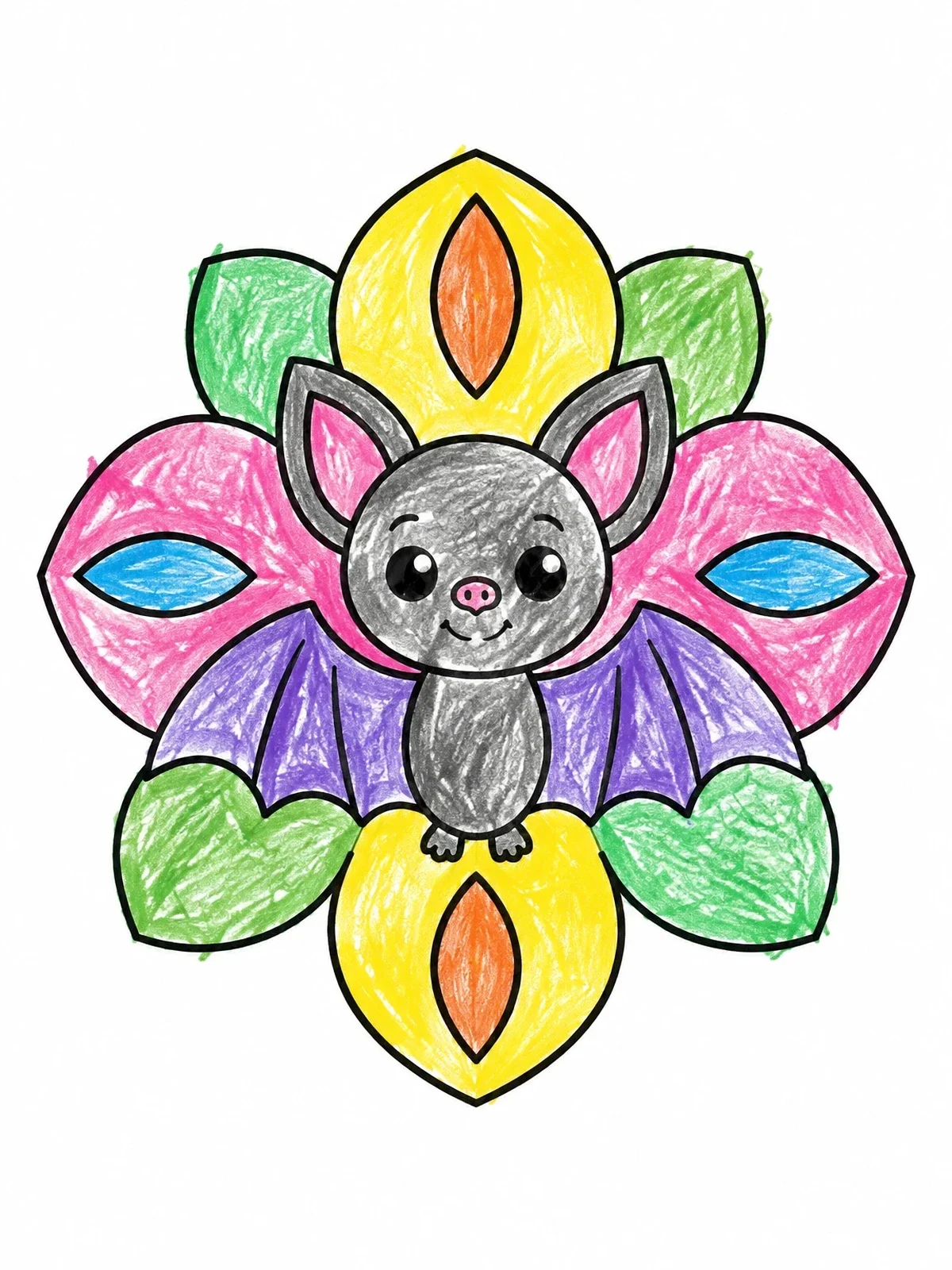 Colored example of the Cute Bat With Flower Mandala coloring page