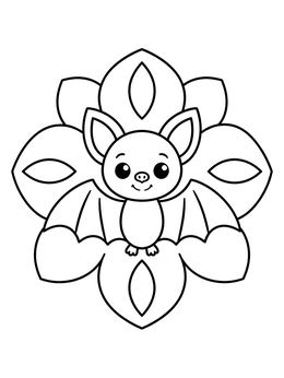 A cute cartoon bat coloring page centered on a bold flower mandala.