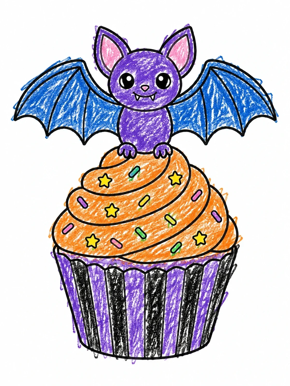 Colored example of the Cute Bat On Halloween Cupcake coloring page