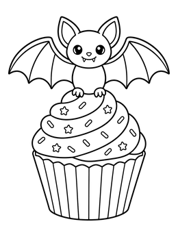 A friendly bat perched atop frosting on this halloween cupcake coloring page.