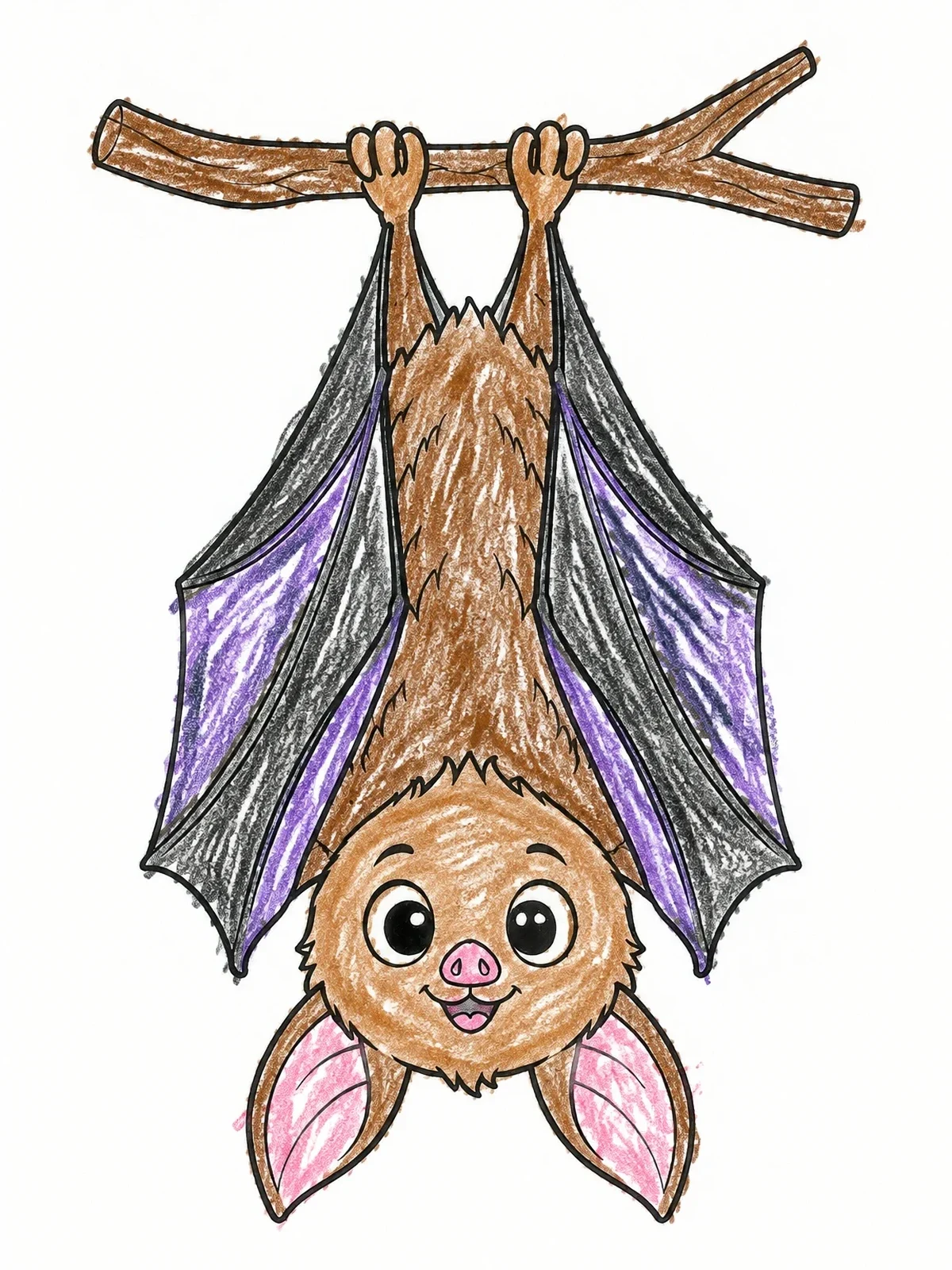 Colored example of the Cute Bat Hanging From Branch coloring page