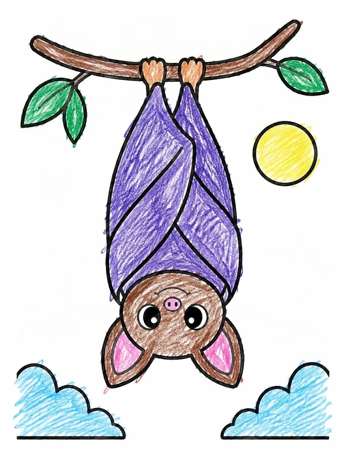 Colored example of the Cute Bat Hanging Upside Down coloring page