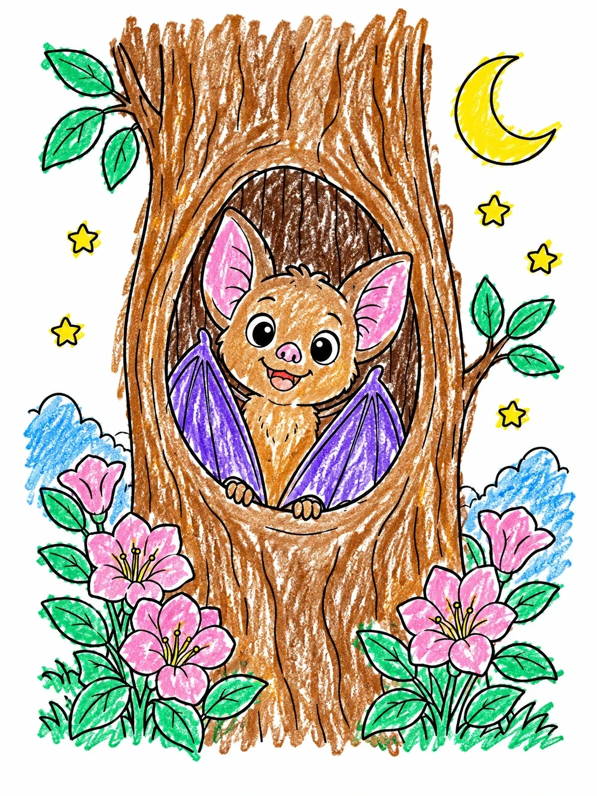 Colored example of the Cute Bat In Tree Hollow coloring page