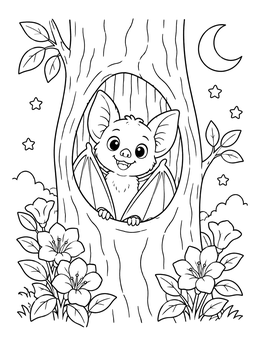 A cheerful bat coloring page showing a friendly bat inside a tree trunk at night.