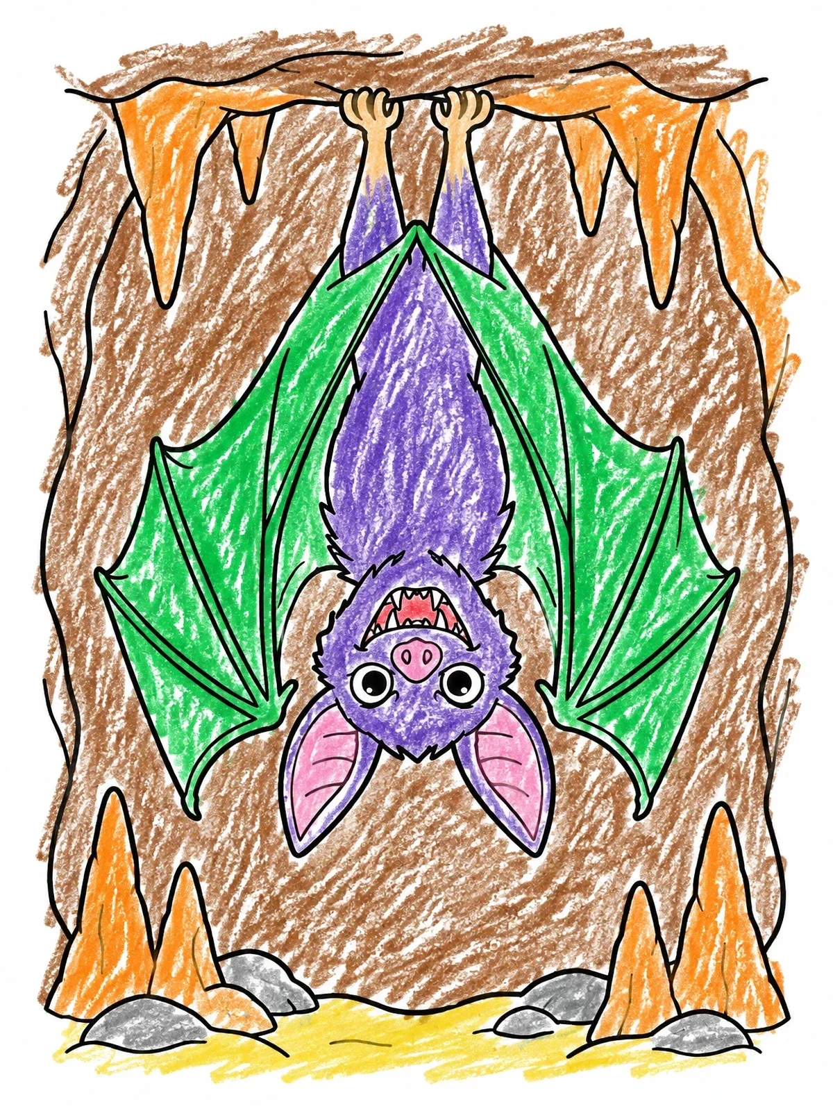 Colored example of the Cute Bat Monster In Cave coloring page