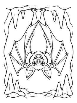 A friendly bat hanging upside down inside this cute monster coloring page.