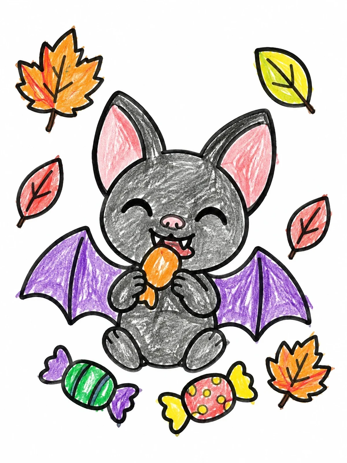 Colored example of the Cute Bat Nibbling Halloween Candy coloring page