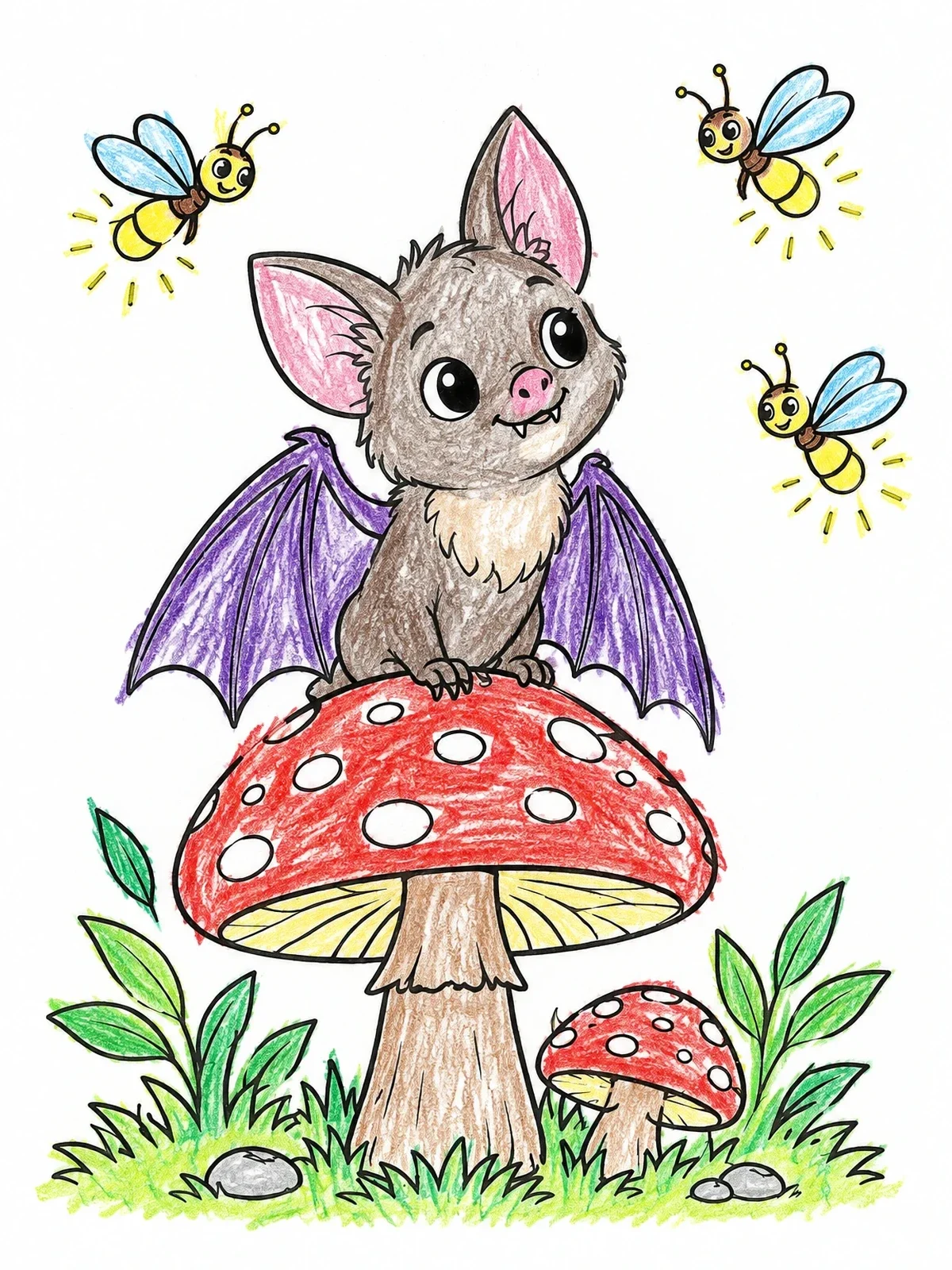 Colored example of the Cute Bat On A Mushroom coloring page