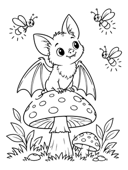 A cute baby bat coloring page featuring fireflies dancing around a large spotted mushroom.