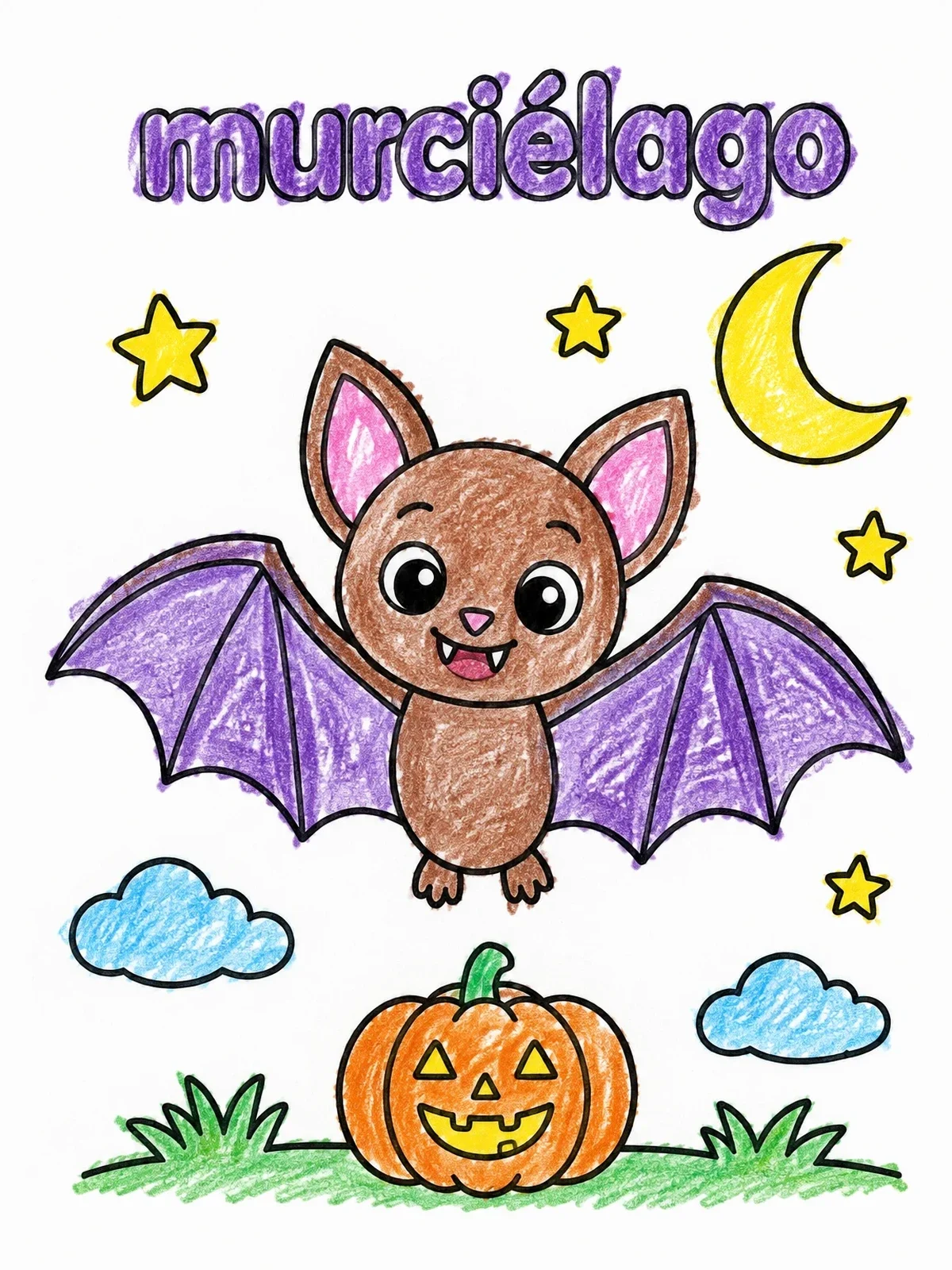 Colored example of the Cute Bat And Halloween Pumpkin coloring page