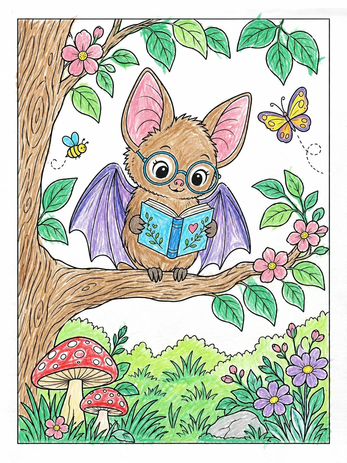Colored example of the Cute Bat Reading A Book coloring page